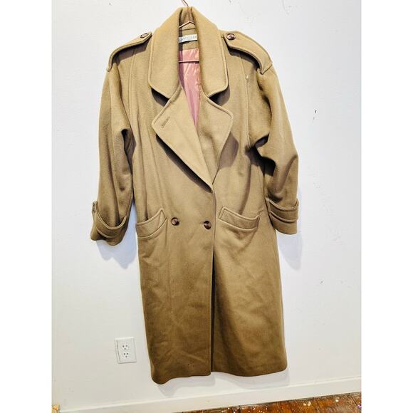 Vintage LARRY LEVINE Tan 100% Pure Wool Button Front Trench Coat Size 4 - Picture 1 of 15